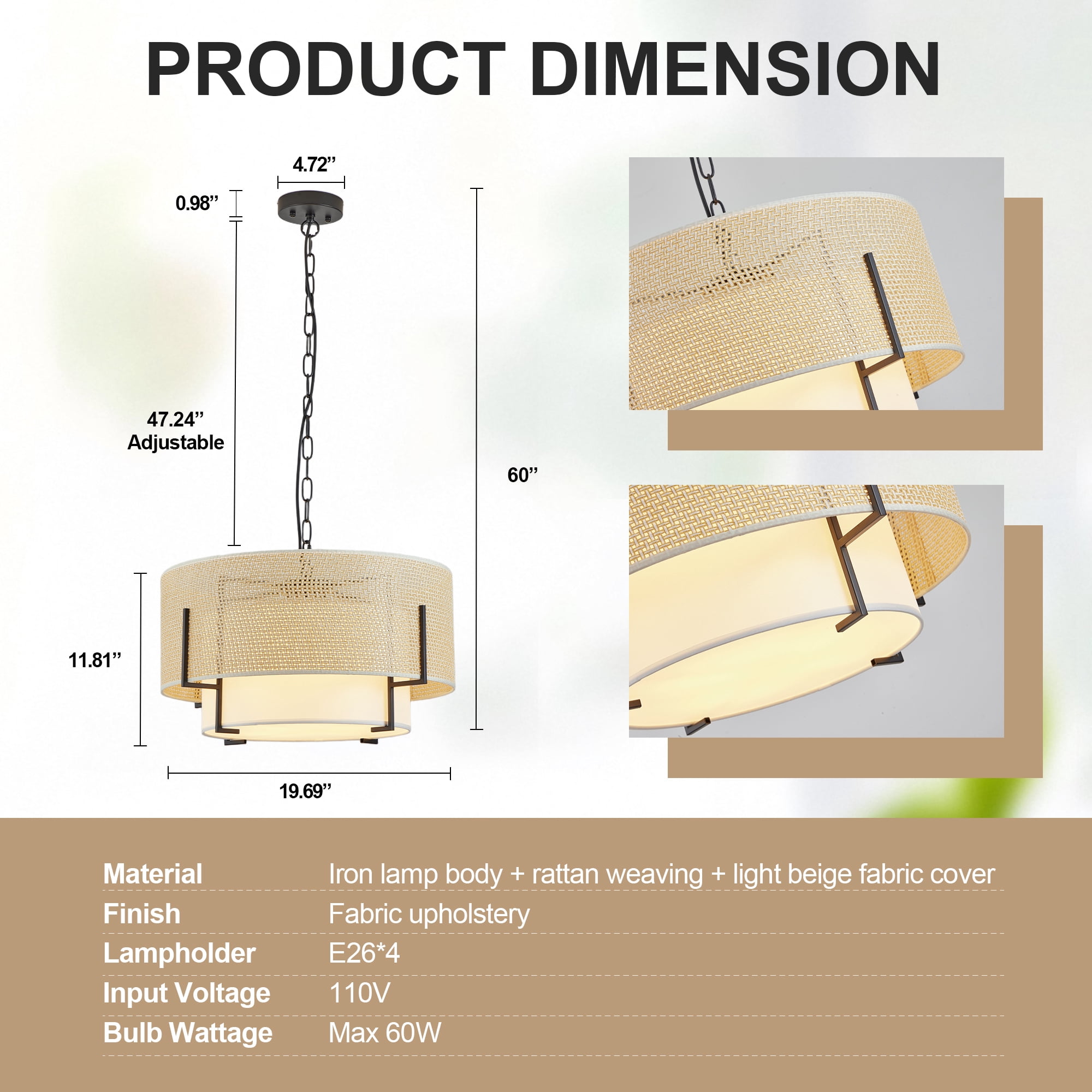 Leumius 4-Light Farmhouse Boho Chandelier, 19.7'' Hand Woven Rattan Pendant Light with Fabric Shade Rustic Drum Chandelier for Dining Room Kitchen Bedroom Foyer Entryway Living Room