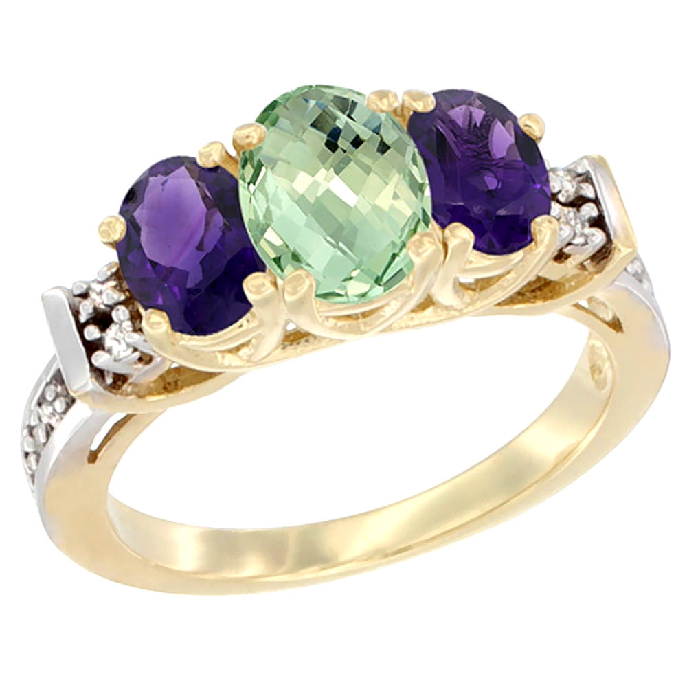 10K Yellow Gold Natural Purple & Green Amethysts Ring 3-Stone Oval Diamond Accent by WorldJewels