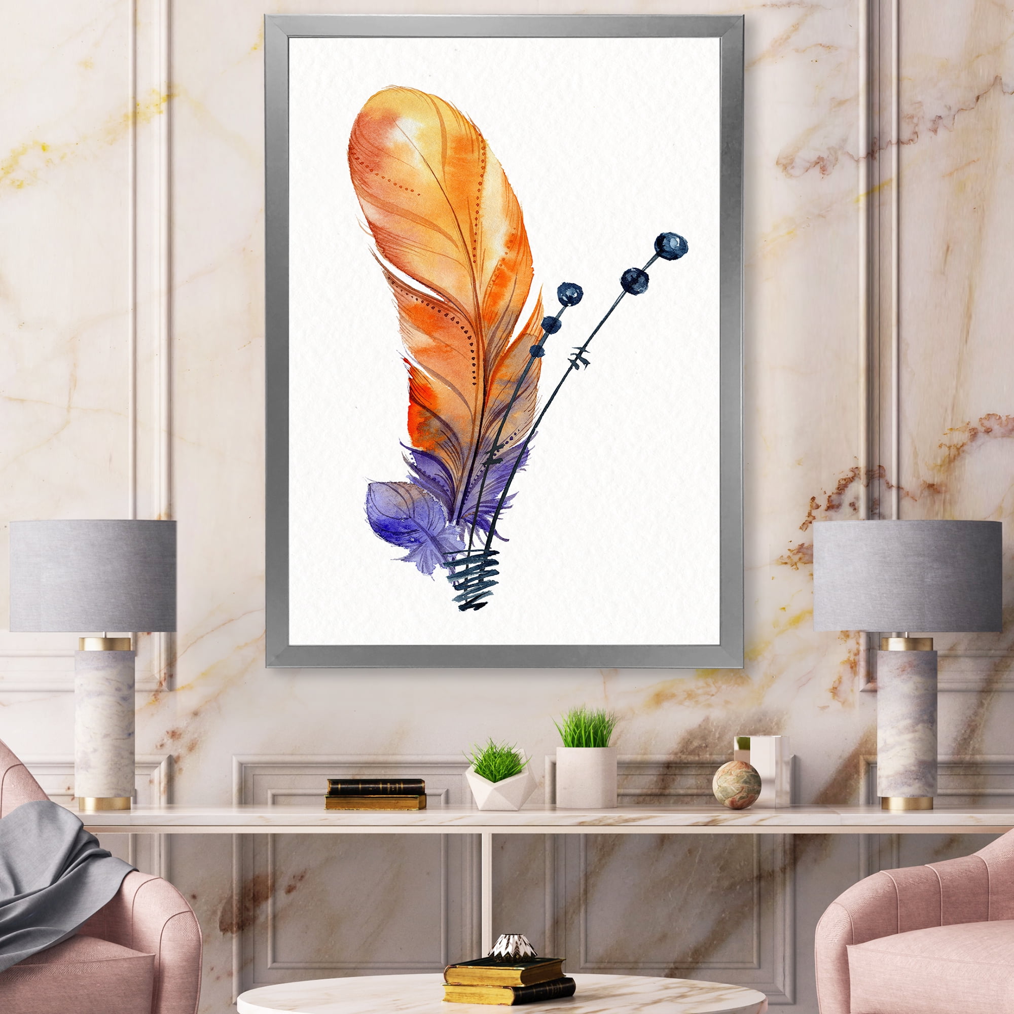 Designart 'Ethnic Orange Animal Feather Composition' Bohemian & Eclectic Framed Art Print