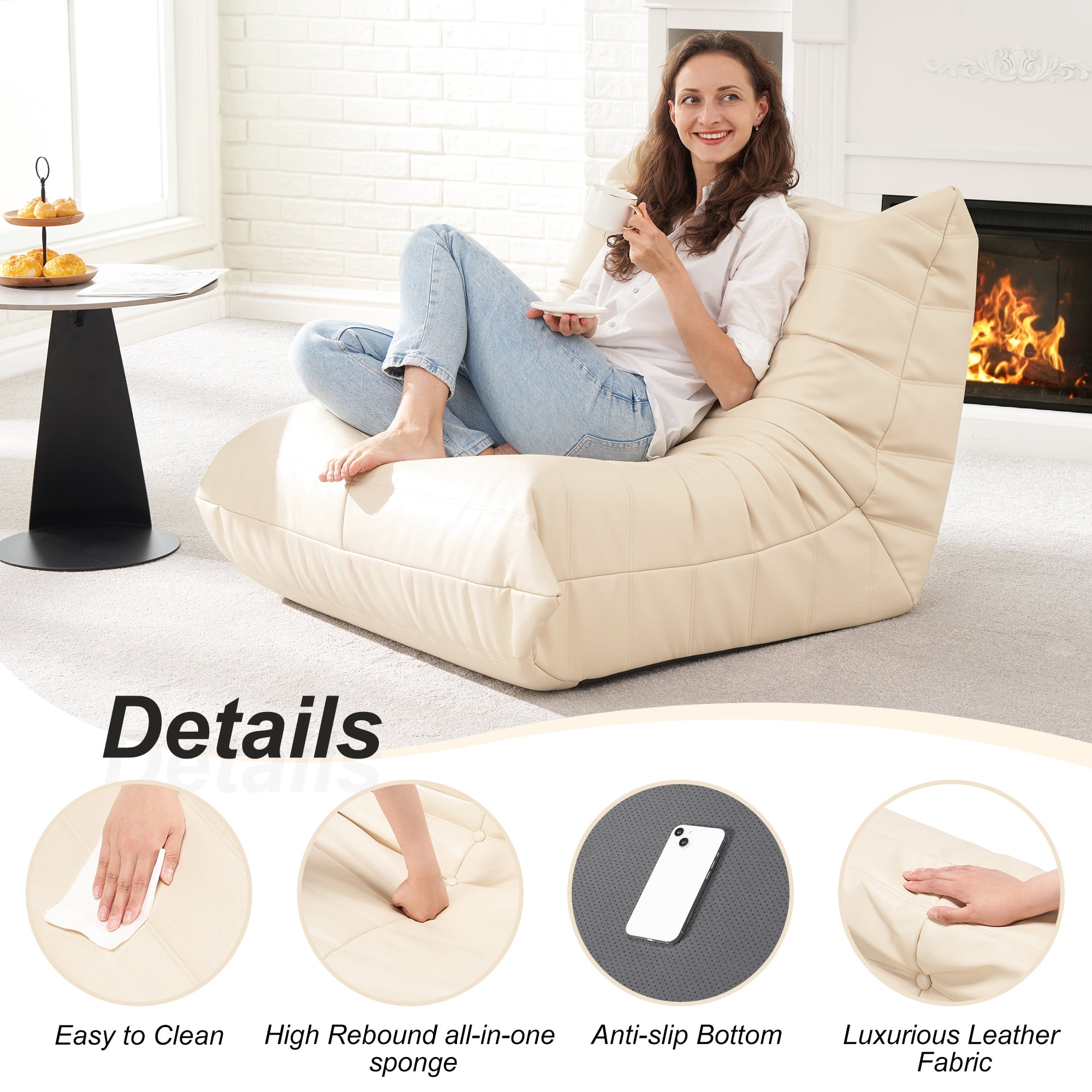 Hobestluk Giant Bean Bag Sofa Memory Foam Beanbag Chairs for Adults, Bean Bag Couches Faux Leather for Living Room Bedroom Dorm Office (Beige)