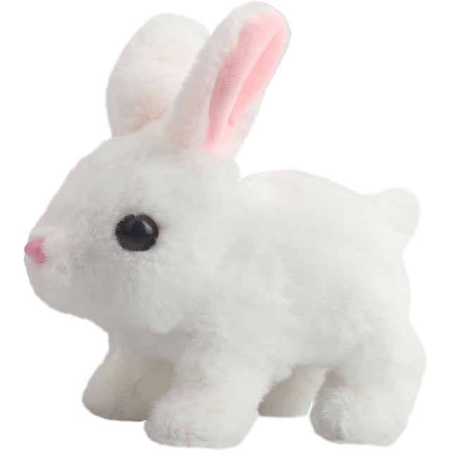 Juguete electrónico interactivo de Pascua: un conejito de peluche que suena con animación para caminar, orejas y nariz móviles, adecuado para niños pequeños y niños (versión blanca).