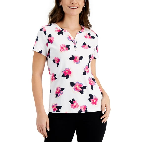 Karen Scott Anya Floral Henley Top Bright White XS