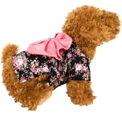 CUECUEPET Kimono Style Indoor / Outdoor Button Up Dress for Female / Girl Dogs (Black with Pink Floral Patterns) [Multiple Sizes Available]