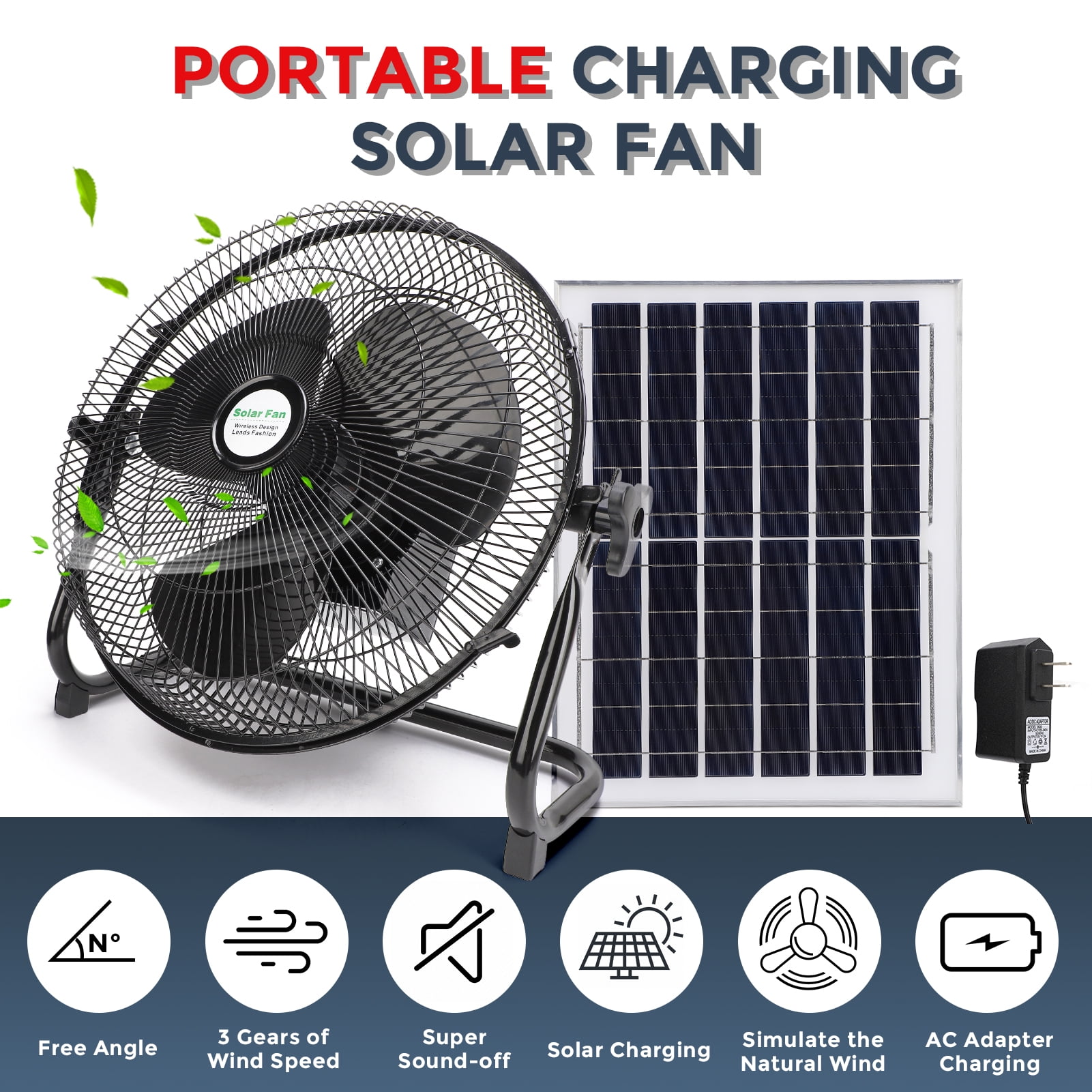 Fyydes 12 Inch Quiet 3 Speed Table Fan with 10000mah Solar Panel Powered and AC Charger  Input, Floor Fan High Velocity for In/Outdoor