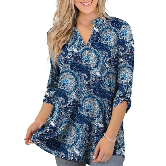 VERABENDI Women's Plus Size Tops 3/4 Sleeve Shirts Dressy Casual Metal Buckle V-Neck Tunic Blouses,M-4XL