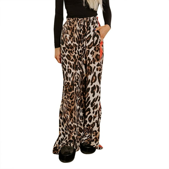 BLOCLOALO Wide Leg Pants Baggy Pants Leopard Print Elastic High Waist Tie Front with Pockets Pajama Pants Loose Casual Trousers Comfy Work Pants Moisture Wicking Pants Business Casual Pants Brown L