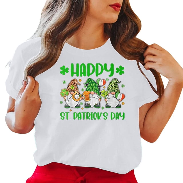 LSLJS Col Rond Saint Patrick's Imprimé à Quatre Feuilles Manches Courtes Décontracté Ample Haut Manches Courtes Col Rond/chemise, Cadeaux pour Femmes