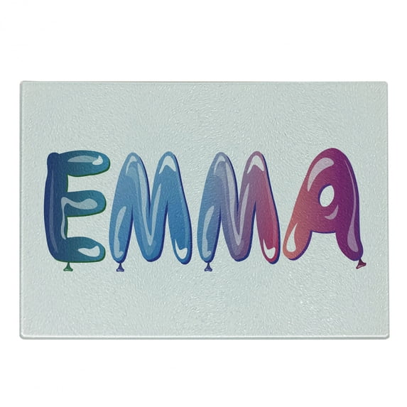 Emma Cutting Board, Feminine Girl Name Design with Ornate Balloons Mainstream Female Themed Illustration, Decorative Tempered Glass Cutting and Serving Board, Small Size, Multicolor, by Ambesonne
