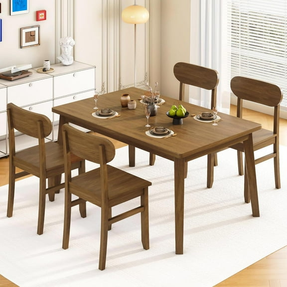 44.8" Solid Wood Dining Table Set of 4, Mid-Century Dinette Set Curved Back Chairs, Farmhouse Small Table Set, Wooden Dining Tables Sets for Kitchen, Dining Room, Brown, Rubberwood Legs