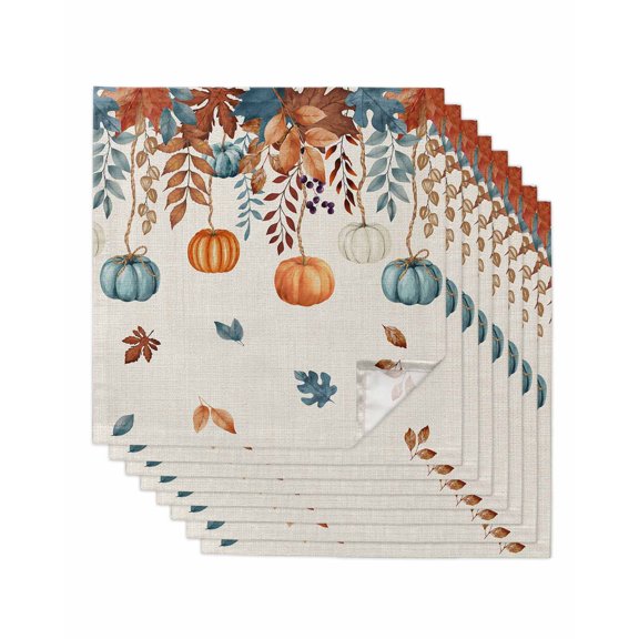 Orange Blue Pumpkins Fall Cloth Napkins Set of 8 Reusable Dinner Napkins, Weeping Botanical Thanksgiving Rustic Cocktail Napkin Washable Table Napkins for Wedding/Holiday Party/Baby Shower 20"x20"