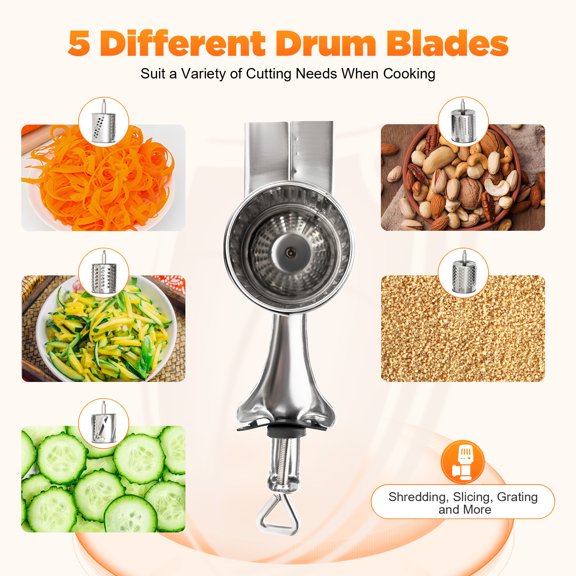Veggie Chopper, Stainless Steel Rotary Vegetable Slicer with 5 Interchangeable Blades, Manual Food Chopper for Slicing, Dicing