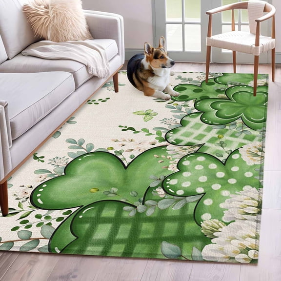 3'x5' Rug for Living Room Bedroom, St. Patrick's Washable Area Rugs Non-Slip Carpet Mats, Luck Shamrock Eucalyptus Leaves Flowers Beige Indoor Low Pile Area Rug Runner for Kitchen, Mudroom