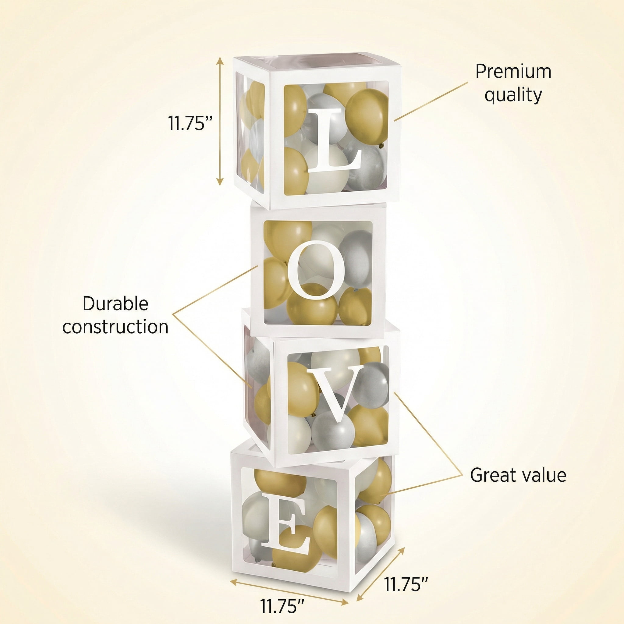 Love Balloon Boxes Set of 5 with 65 Gold & Silver Latex Balloons, 11.75in Cardstock Party Decoration Boxes, Easy Assemble for Birthday, Wedding, Engagement, Anniversary