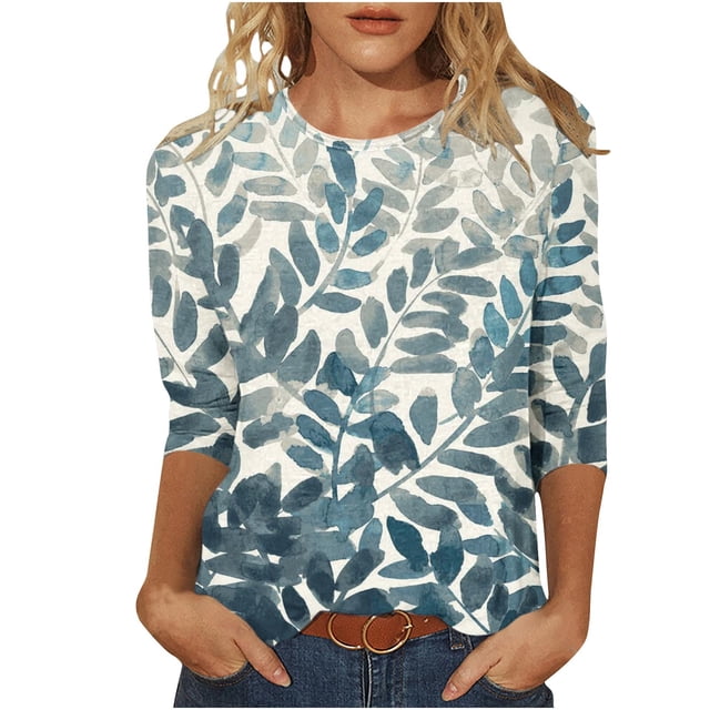 Liquidation d'Été Staron Blouses à Manches 3/4 pour Femmes T-Shirts Basiques T-Shirts Décontractés Imprimé Floral Col Rond Hauts Mignons Blouses Amples