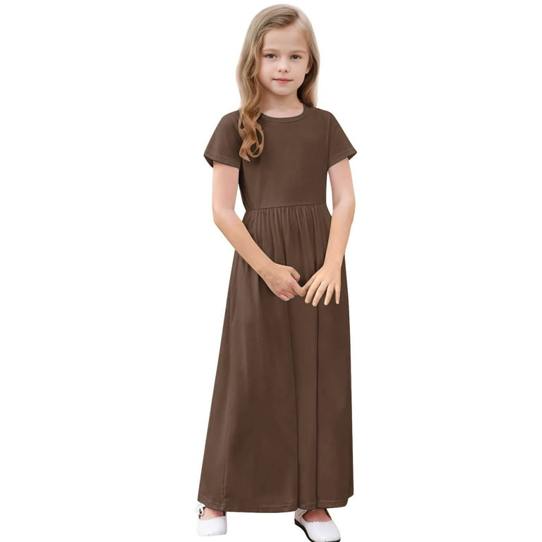 Girls Flowy Maxi Dress, Short Sleeve Casual Loose A-Line Dress, Tween  Summer Beach Long Dress with Pockets Kids Mini Dresses Brown 7Y -  Walmart.com