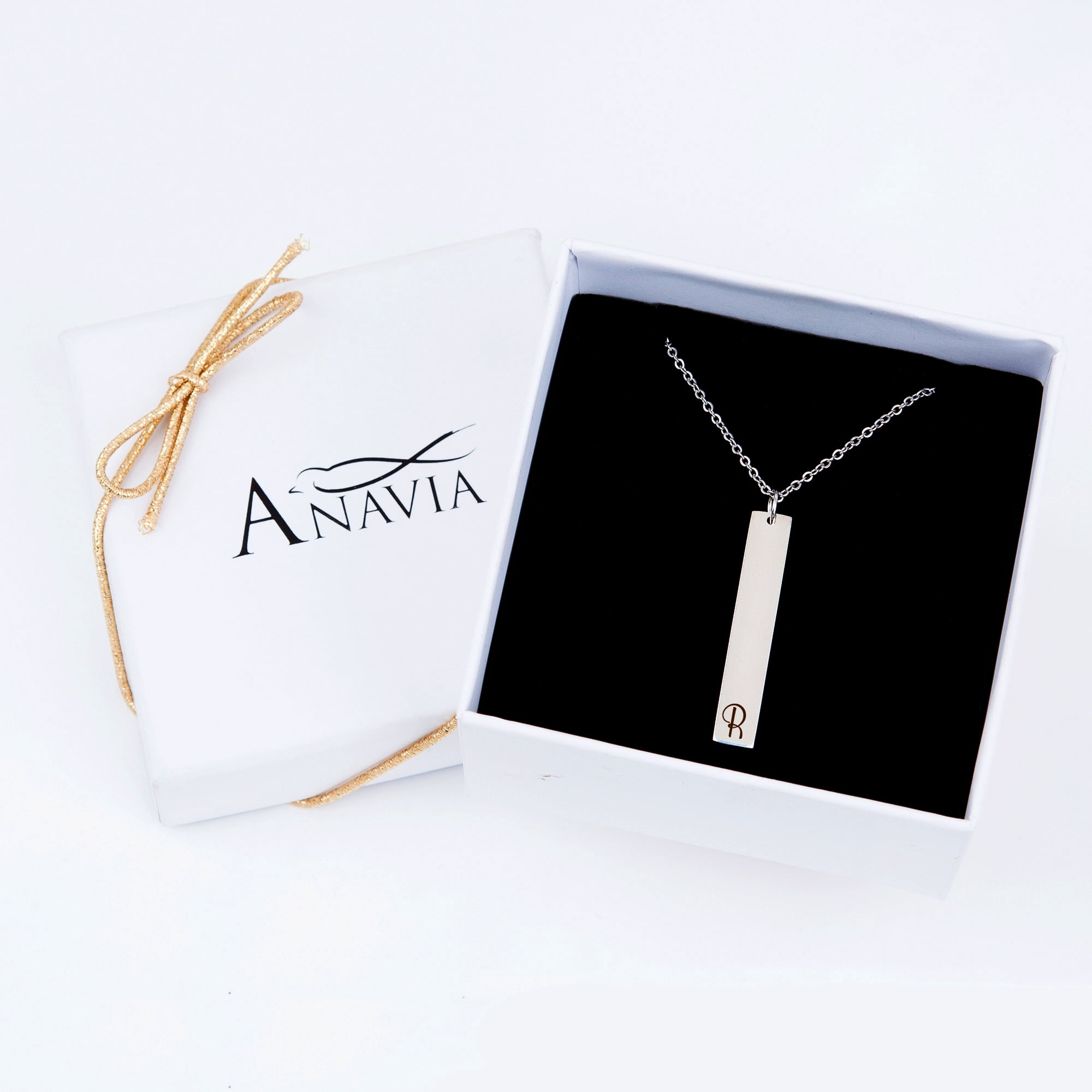 Anavia Personalized Initial Name Necklace Gift for Her Silver Stainless Steel Women's Vertical Bar Pendant Gift for Fiancee Mom Girlfriend Name Necklace Free Jewelry Box Ships Next Day
