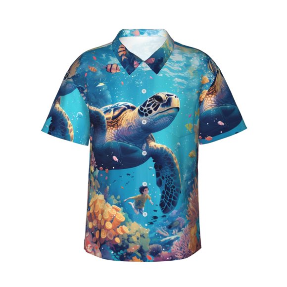 Fotbe Colorful Underwater Plant Turtle for Men Unisex Summer Beach Casual Short Sleeve Cotton Linen Button Down Shirts,X-Large