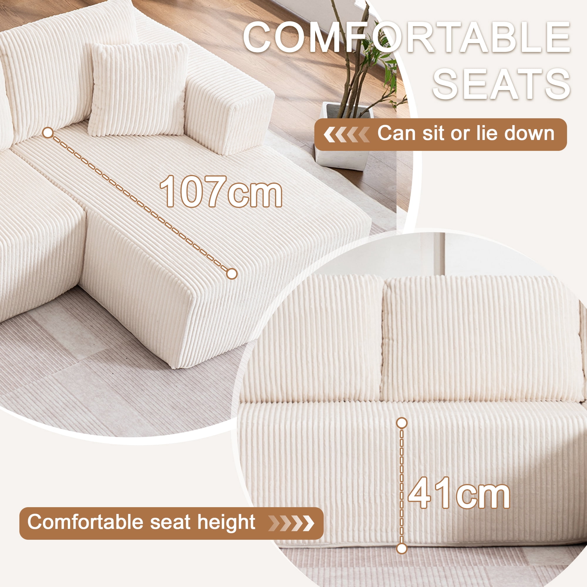 Noble House Frameless Modern Casual U-Shaped Sofa,Modular with Reclining Chair,White