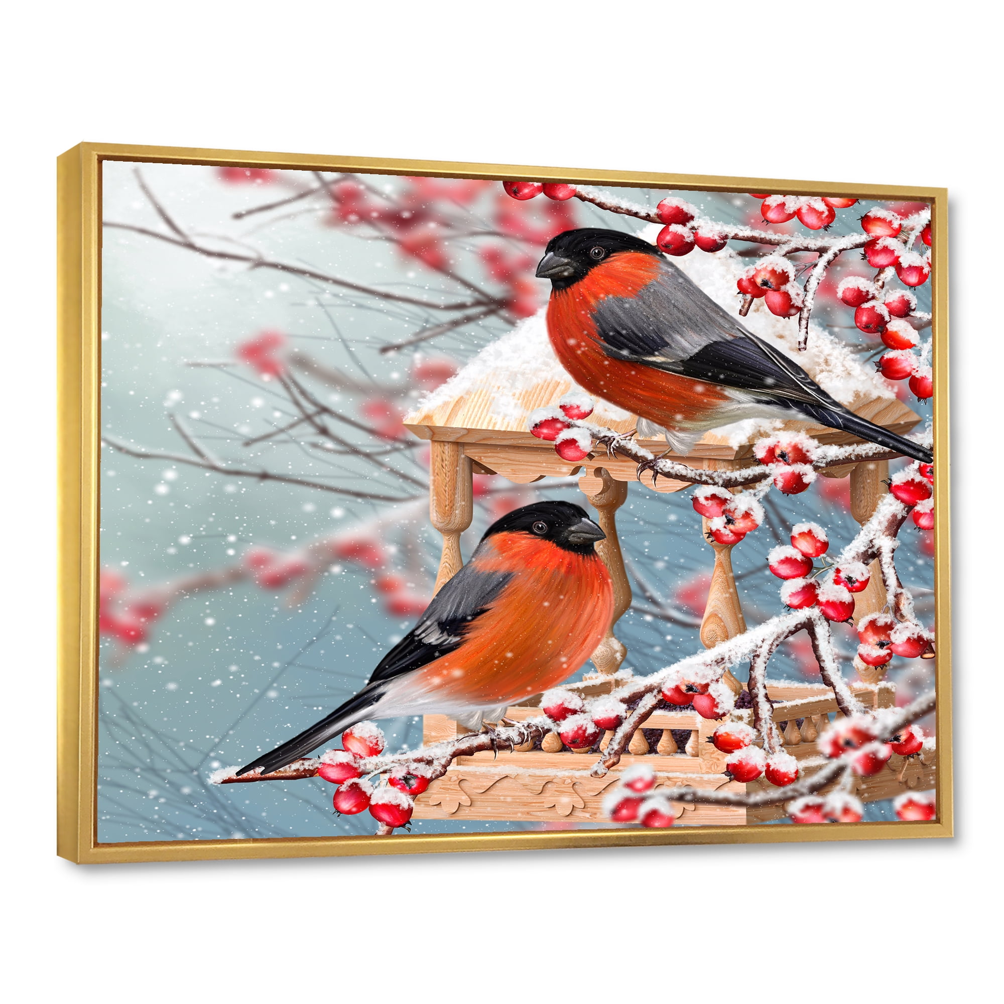 Designart 'Two Tits Sit On A Snow-Covered Berries Branch ' Traditional Framed Canvas Wall Art Print