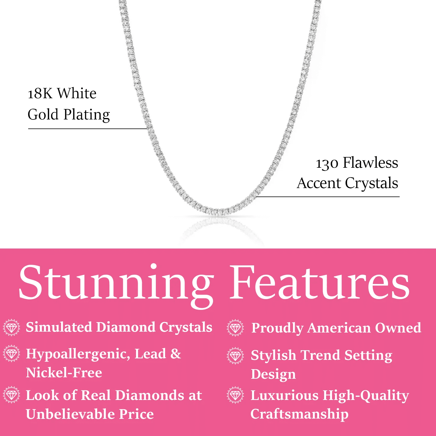 Cate & Chloe Kaylee 18k White Gold Plated Tennis Necklace with Simulated Crystals Gift for Women