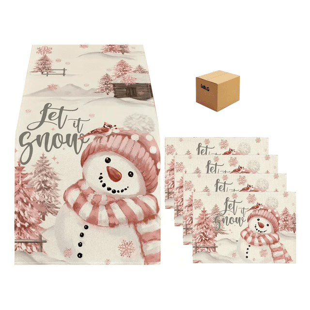 "Camino De Mesa Con Adorno Navideño + 4 Manteles Individuales conos de nieve Lab.G, Rosa "
