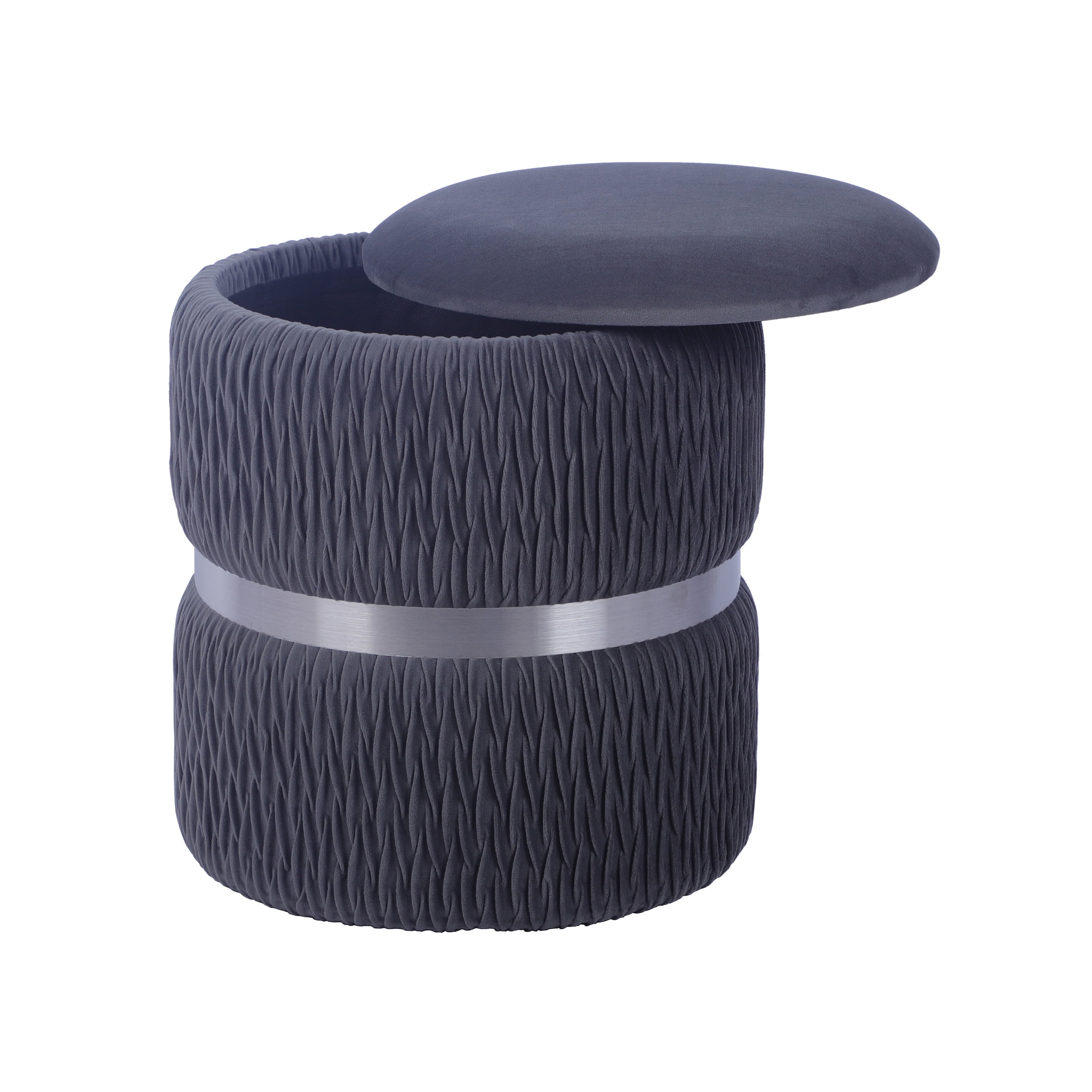 Techni Mobili Modern Velvet Round Ottoman with Storage, Gray