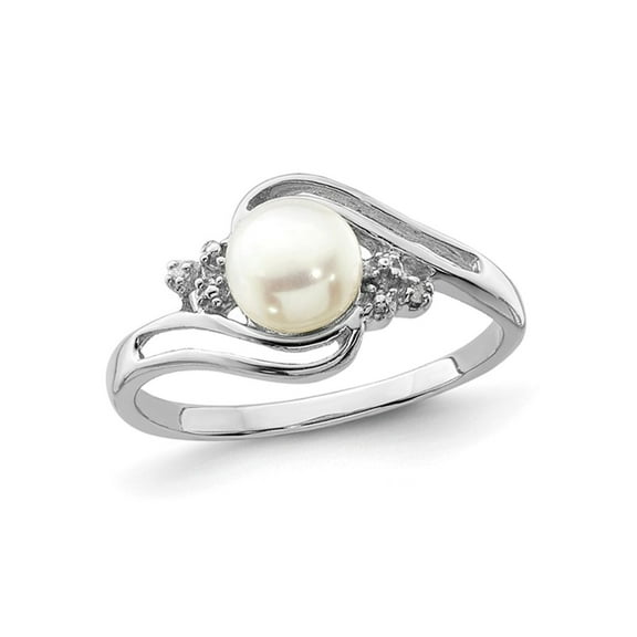 Freshwater Cultured 6mm Button Pearl Ring in Sterling Silver with Accent Diamonds for Women