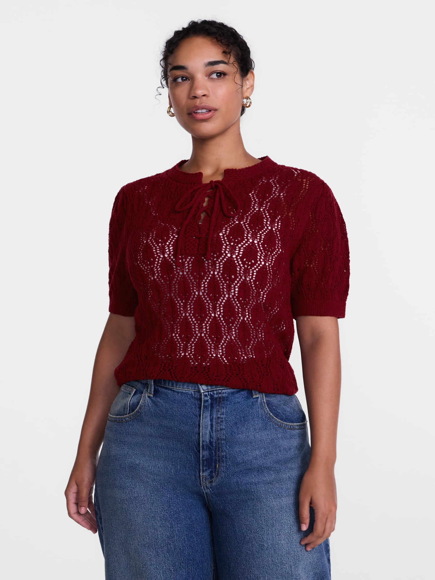 Scenario Woman's Lace Up Open Knit Sweater, Lightweight, Sizes XS-XXXL