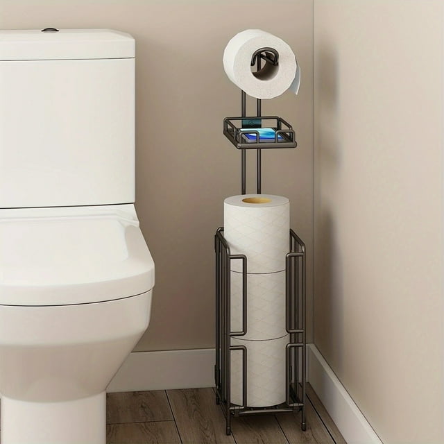 Multi-Functional Iron Bathroom Storage Rack Floor-Standing Organizer for Towels, Toilet Paper, and Phone, Compact Space-Saving No Installation