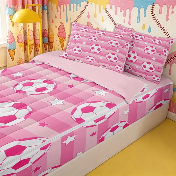 Homewish Teens Soccer Print Zipper Twin Comforter Sets with Fitted Sheet and 2 Pillowcases,Sport Theme Stars Stripes Zipper Bedding Set for Girls Boys,4-Piece,Pink Reversible