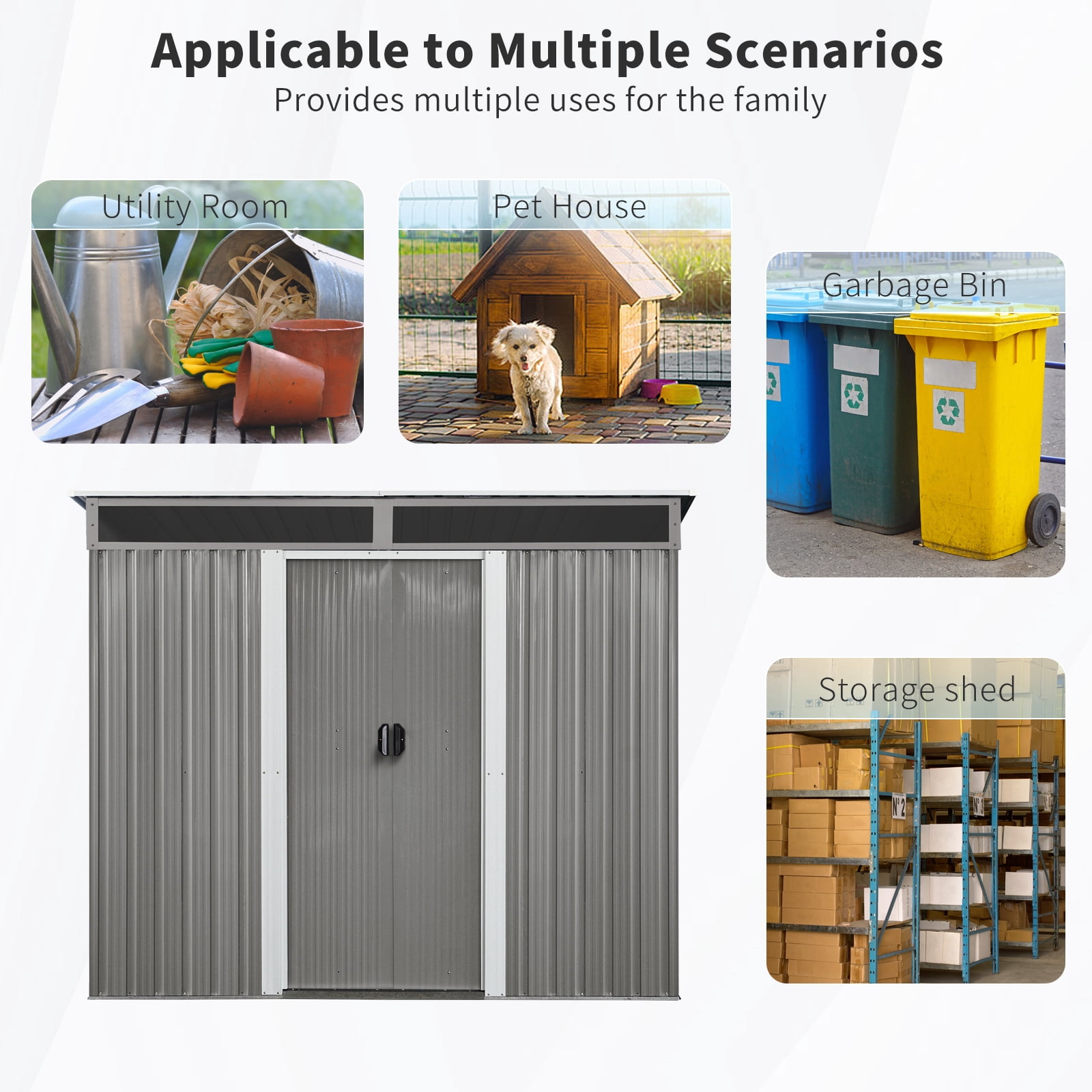 Alvantor Outdoor Storage Shed 8 x 6 Ft Metal Garden Shed with Sliding Doors and Transparent plate for Backyard, Garden Gray