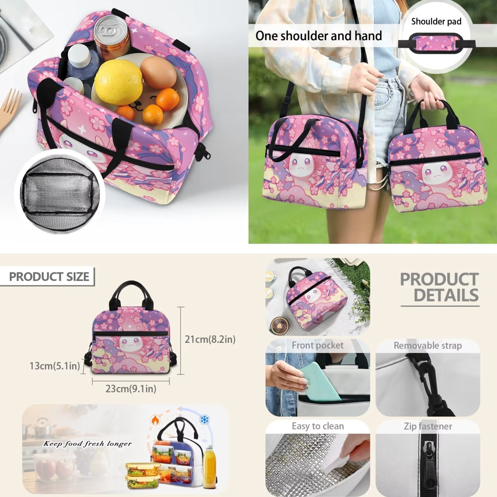 Pzuqiu Cherry Blossom Axolotl School Backpack Set for Girls Kids 17 Inch School Bookbag Casual Daypacks Travel Backpack 4 pcs with Lunch Box & Pencil Case Backpacks