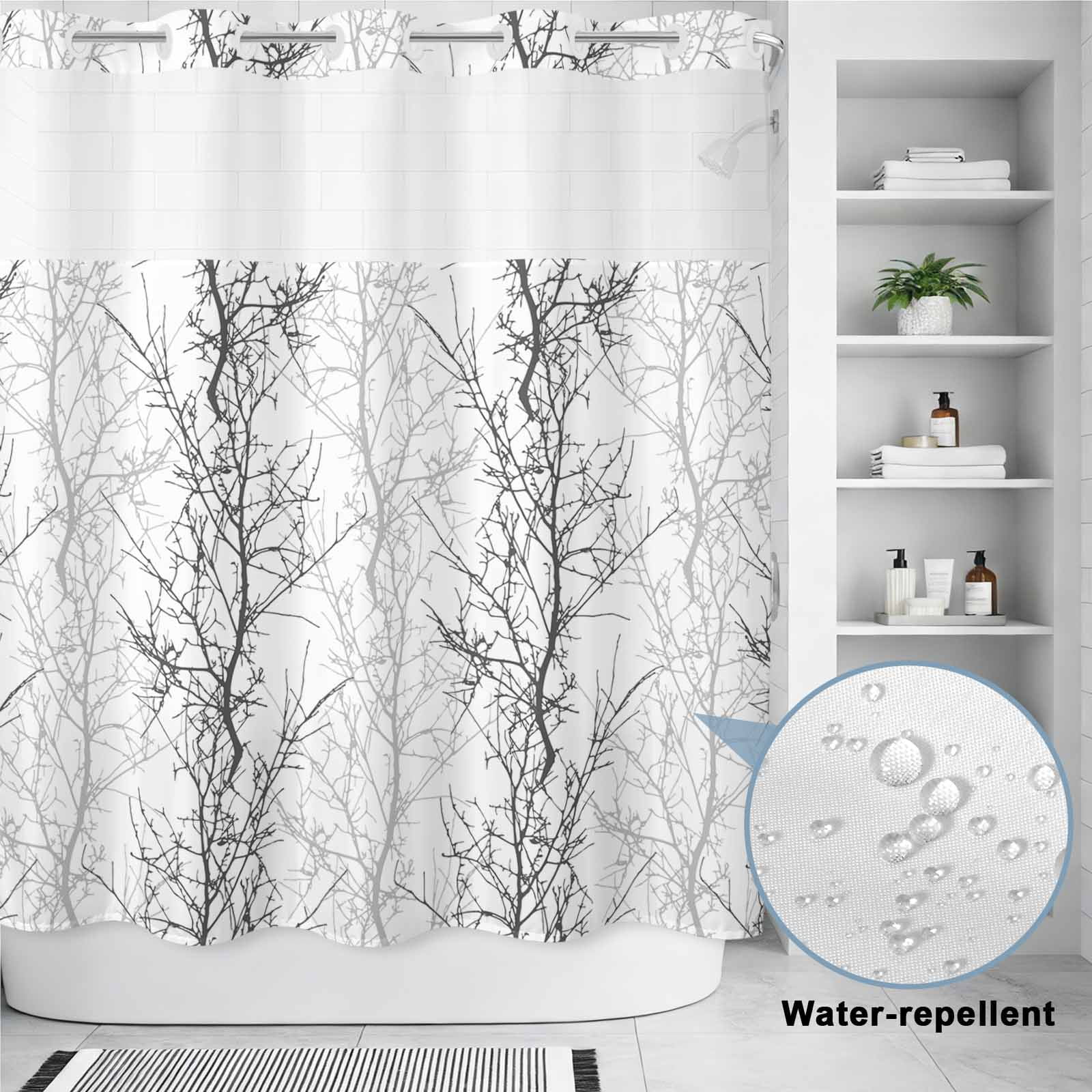 No Hook Shower Curtain, Black Gray Waterproof Fabric Shower Curtains for Bathroom, Pastoral Botanical Branch Aesthetics Standard Bathroom Curtain with Mesh Top Window for Home Hotel Bathtub 72"x72"