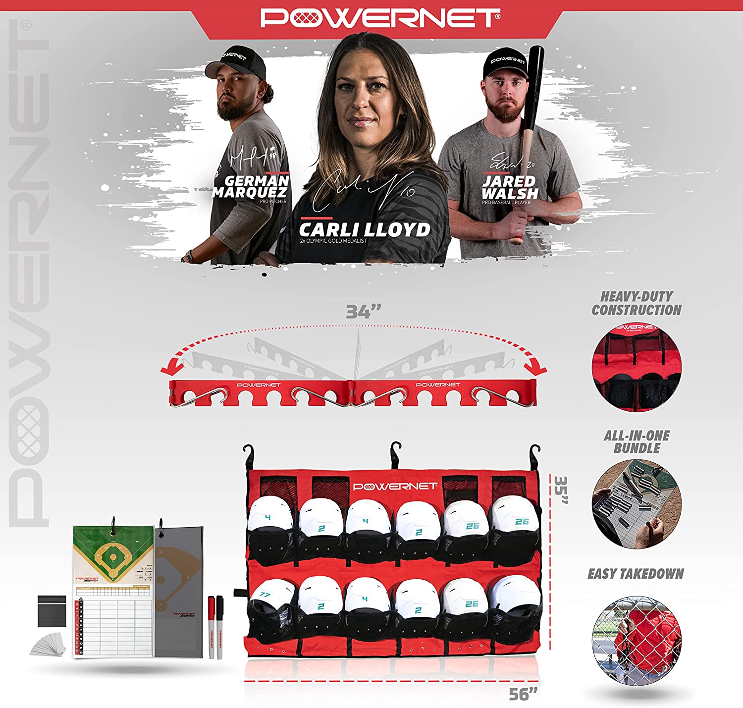 Powernet On Deck Team Bundle, Dugout Organizer for Baseball & Softball, Team Equipment Organizer, Hanging Baseball Glove & Helmet Holder, Fence Bat Rack, Dry Erase Magnetic Lineup Board