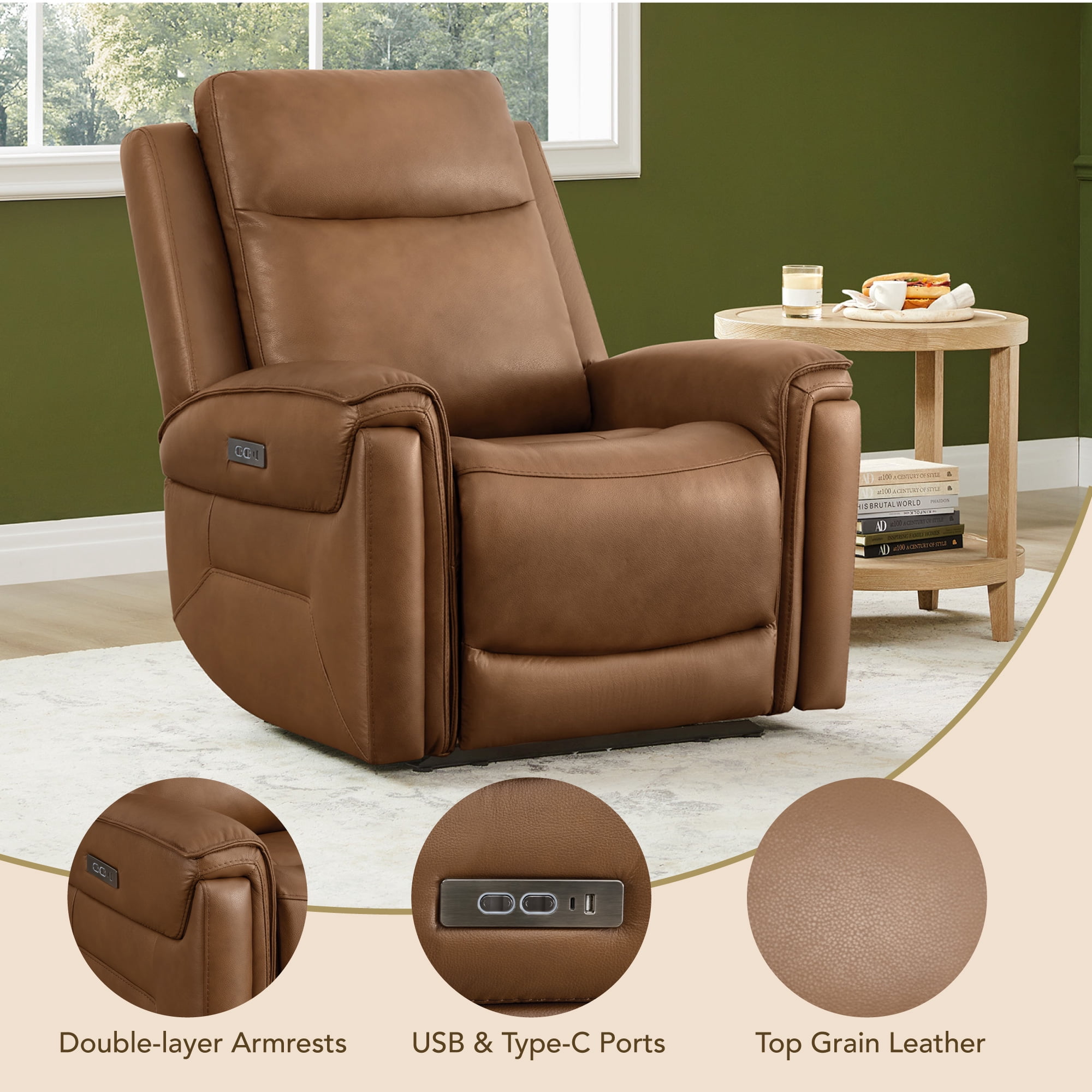 ReNest Dual Motor Power Recliner with Super Zero-Gravity Mode, Top-Grain Leather, USB and Type-C Charging,Saddle