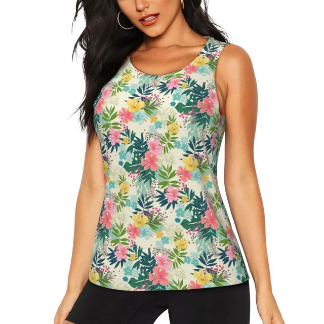 Fotbe Tropical Flowers Blusas Sin Mangas para Mujer – Estilo Casual, Corte Suelto, Slim-Fit, Cuello Redondo Deportivo, Tops de Verano para Gimnasio y Yoga-Small