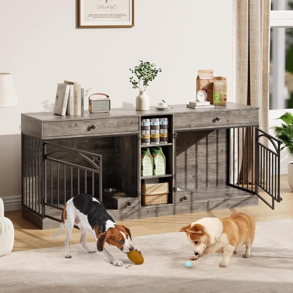 Double Dog Crate Furniture for 2 Small or Medium Dogs – Indoor Dog Kennel with Storage Drawers, Shelves, Feeding Bowls – Multifunctional TV Stand Dog Cage – Washed Grey
