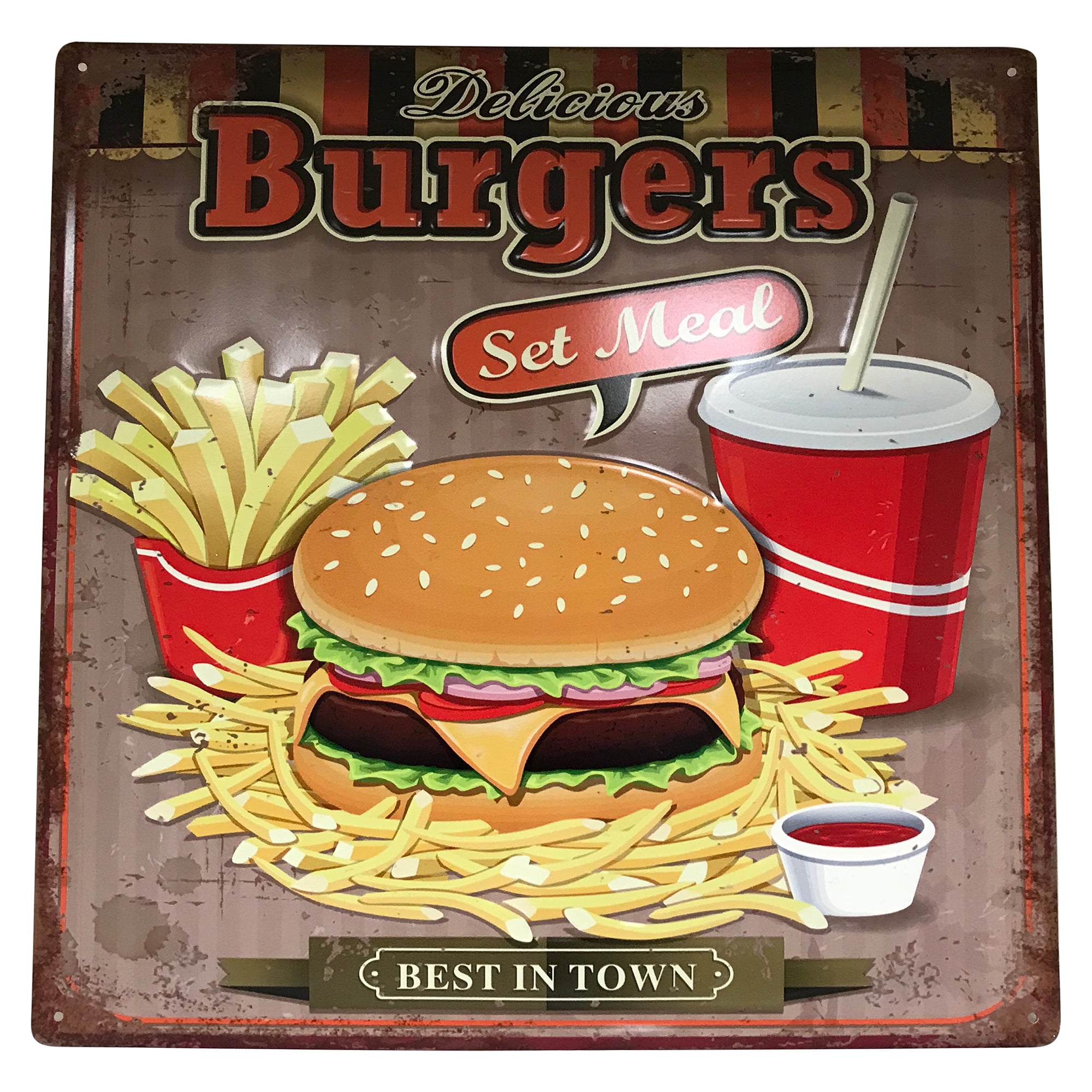 Large Retro Metal Sign Delicious Burgers Set Meal; Best in Town Sign