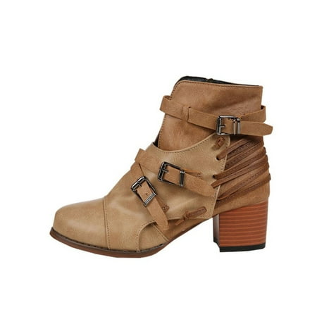 

VKEKIEO Women S Ankle Boots Round Toe Low Heel Heels Ornamental Zipper Buckle Khaki Winter Boots