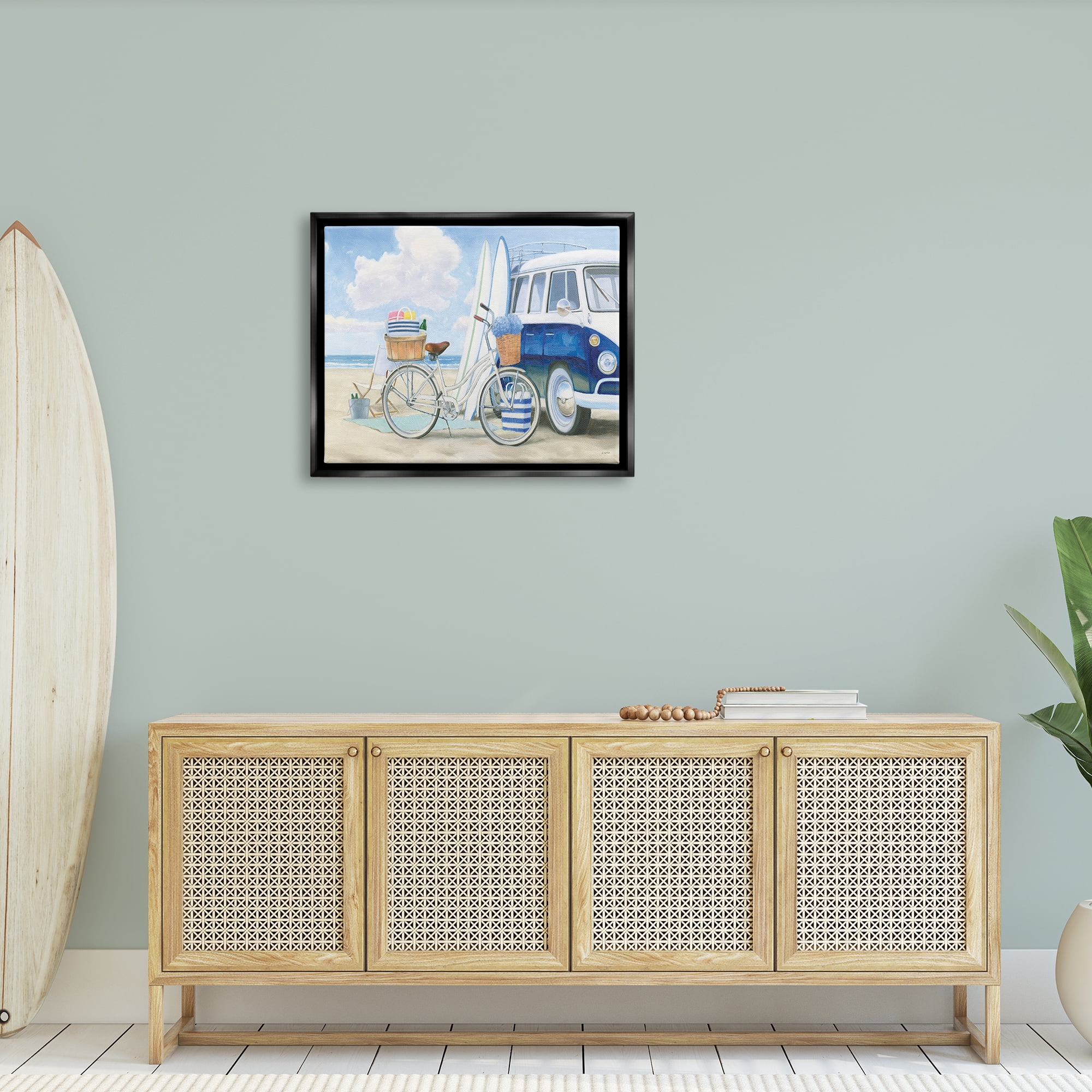 Stupell Industries Bike and Van Beach Nautical Blue White Painting Jet Black Framed Floating Canvas Wall Art, 24x30, by James Wiens