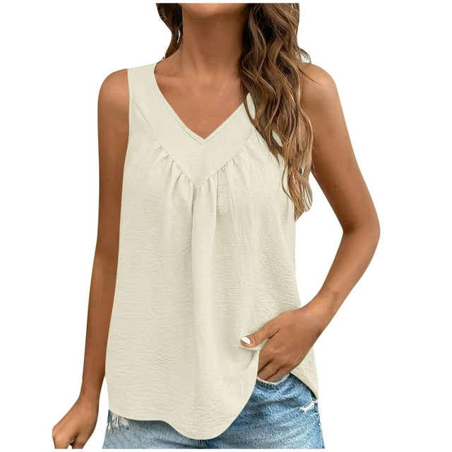 Timegard Summer Tops for Women Ruched Round Neck Sleeveless Tee Solid Color Tank Top Casual Fashion