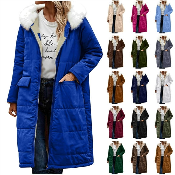 QATAINLAV Womens Long Puffer Coat Solid Color Reversible Hooded Quilted Jackets Winter Warm Sherpa Fleece Lined Outerwear, Black, S