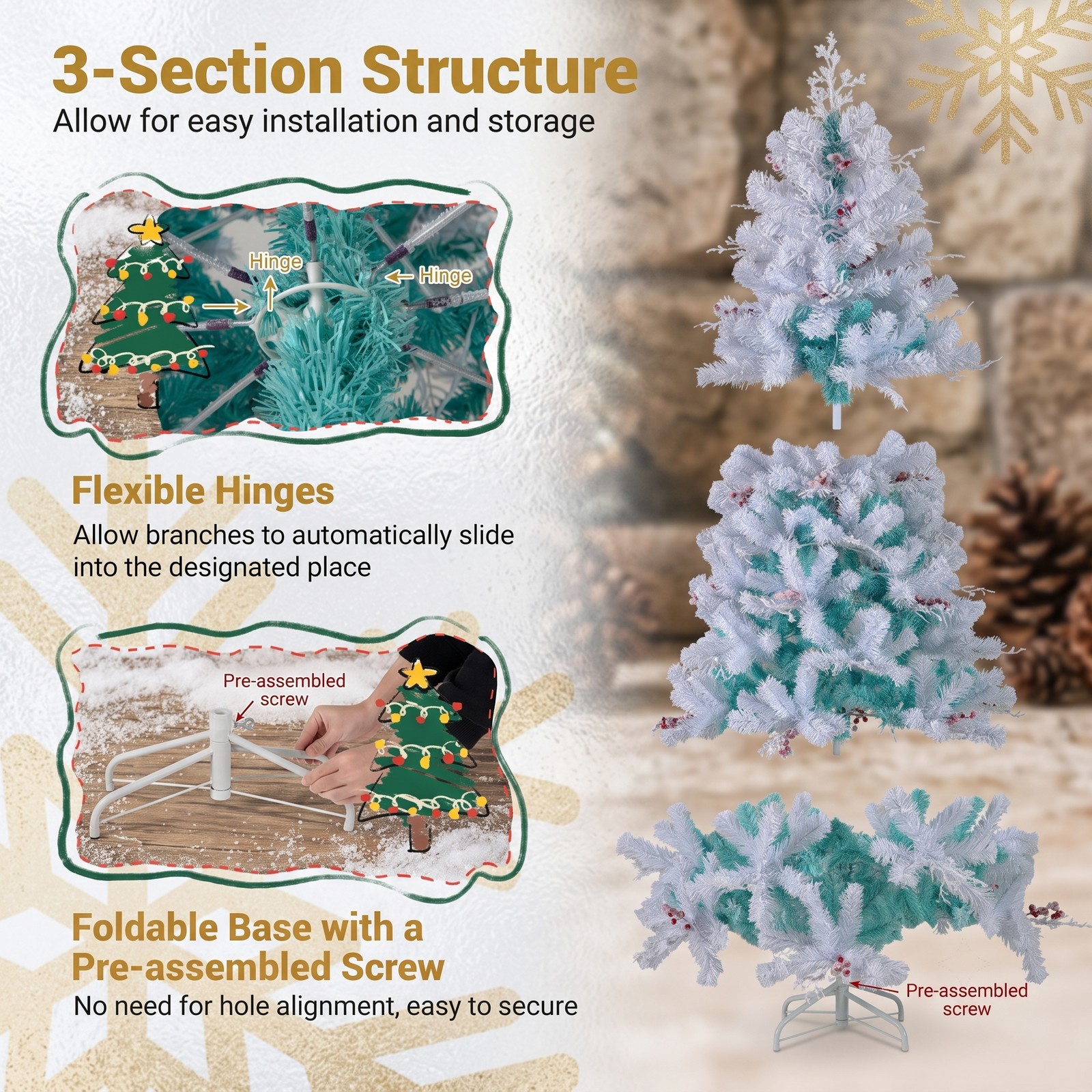 RUIE 6 FT Pre-Lit Artificial Christmas Tree with 250 Warm White LED Lights, Snow Flocked Branch Tips, Frosted Red Berries and Foldable Metal Base, White & Lake Blue