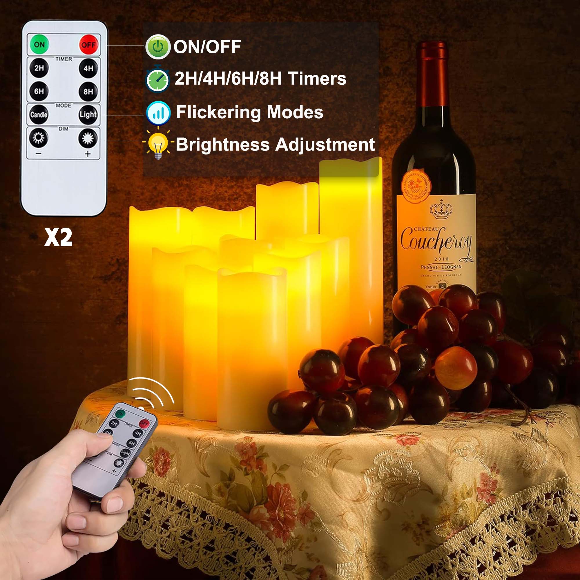 HIDAWN Flameless Pillar Candles with Remote,9 Pack Outdoor Large LED Fake Candles Battery Operated Electric Votive Flicker Lights,Ivory