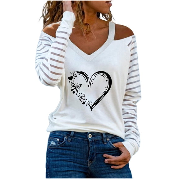 Ichuanyi Womens Fall Tops, Fashion Woman V-Neck Long Sleeve T-Shirt Autumn Happy Valentine's Day Printing Cold Shoulder Loose Blouse Tops
