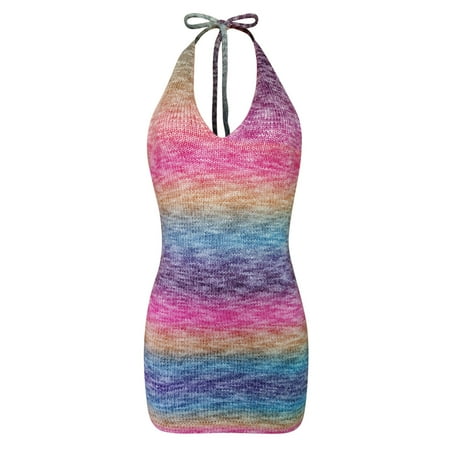 

Inkach Womens Multicolor Halter Bandage Crocheted Dress