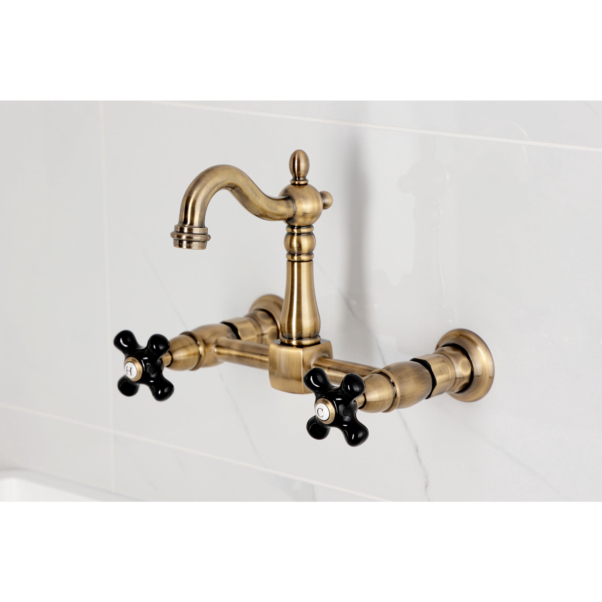 Kingston Brass KS2443PKX Duchess Double-Handle Wall-Mount Bridge Kitchen Faucet, Antique Brass