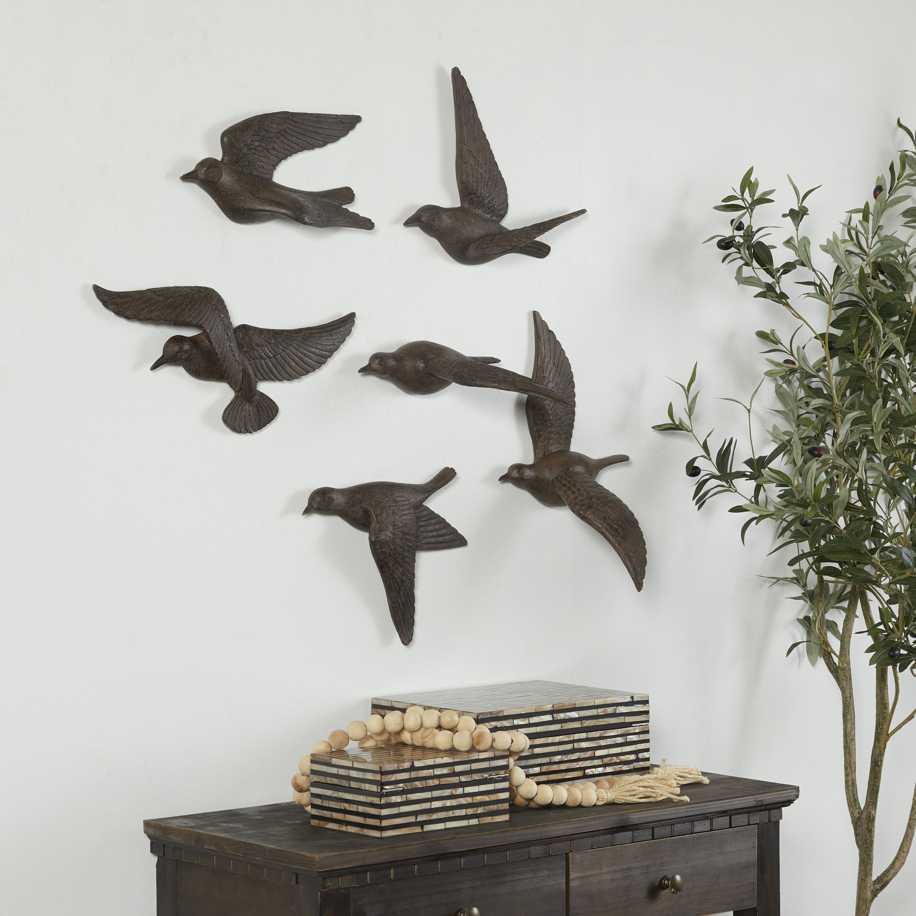 DecMode Brown Polystone Floating Bird Wall Decor (6 Count)