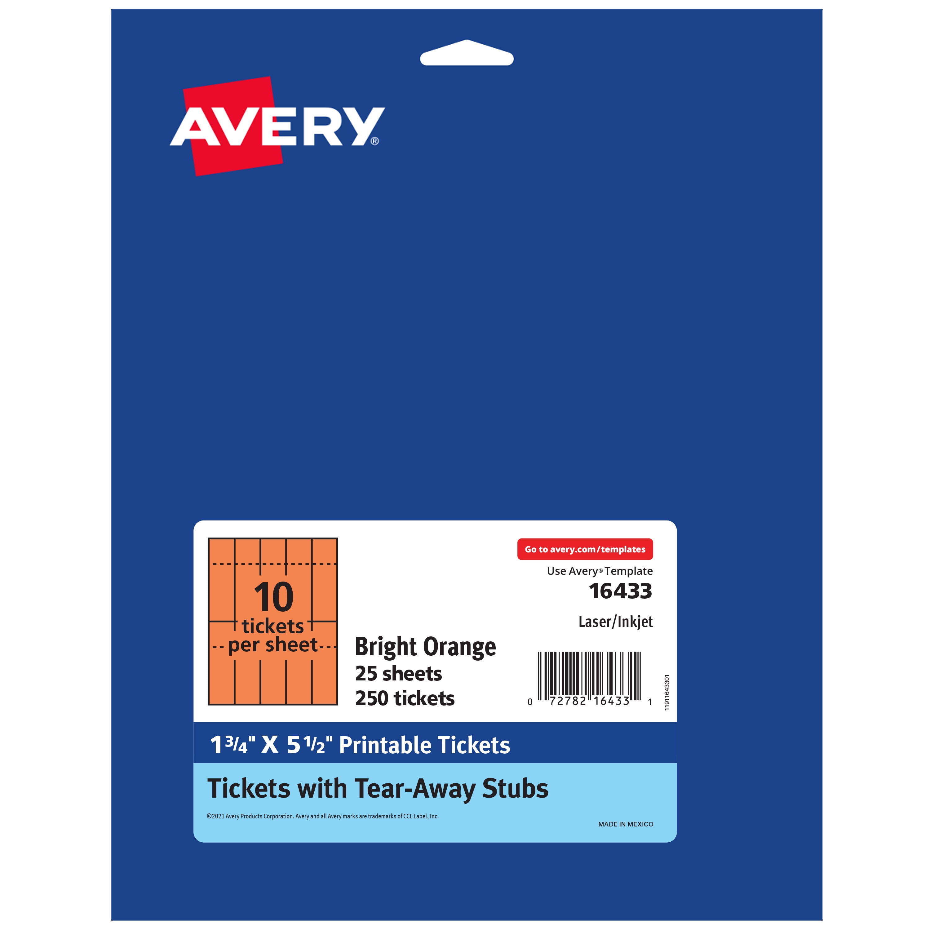 Avery Printable Tickets, Bright Orange, 1.75" x 5.5", Laser/Inkjet, 250