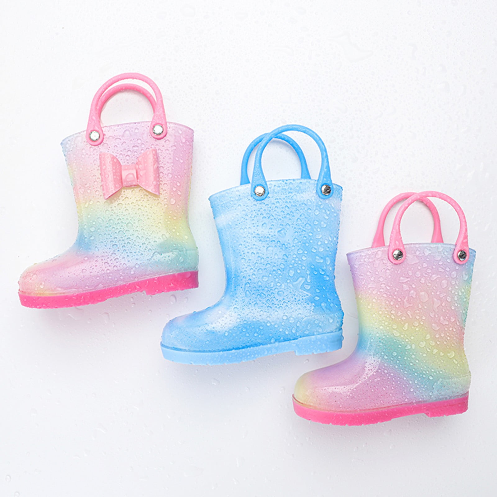 Otqutp Children Shoes Rain Boots Bowknot Colourful WaterproofKids Rain Boots Boys Girls Rubber Boots with Handles